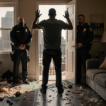 Man surrendering with ICE agents looming behind and Minneapolis skyline in blurred background