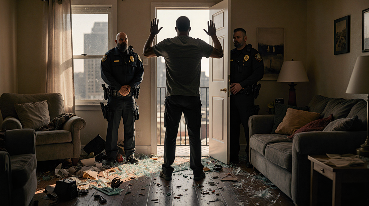 Man surrendering with ICE agents looming behind and Minneapolis skyline in blurred background