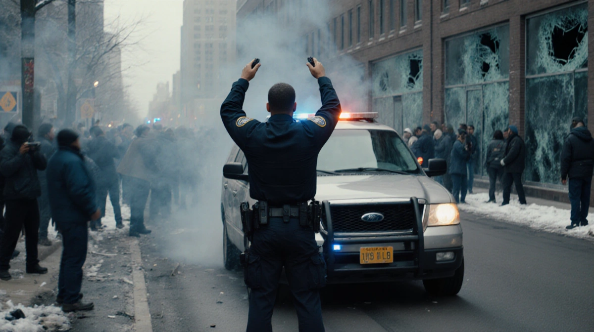 ICE agent shooting toward vehicle driving away with crowd and broken windows in background