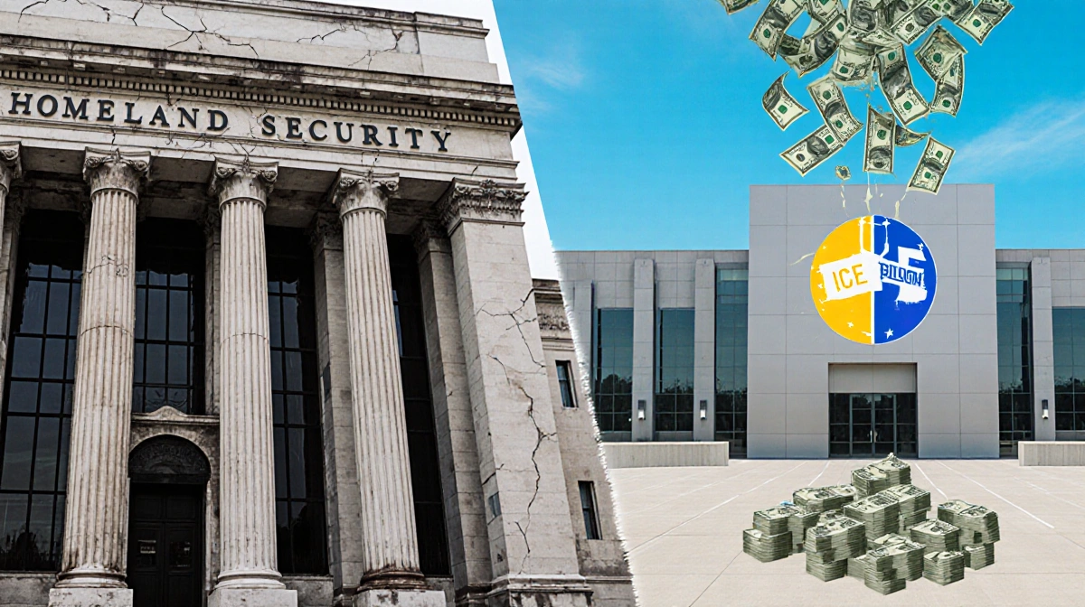 New ICE facility receives massive funding with old Homeland Security building fading behind and bright bold logo displayed.