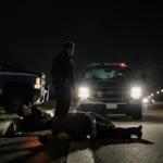 Two crashed ICE vehicles sit against concrete median with injured agents lying near twisted metal and headlights illuminating