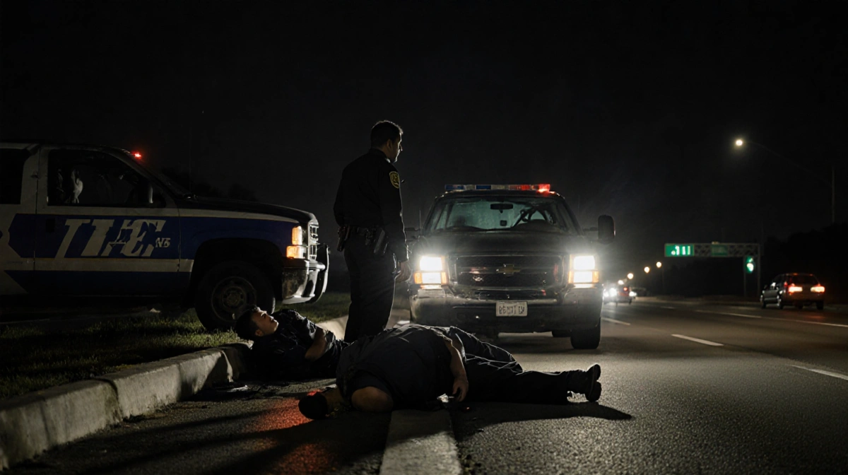 Two crashed ICE vehicles sit against concrete median with injured agents lying near twisted metal and headlights illuminating