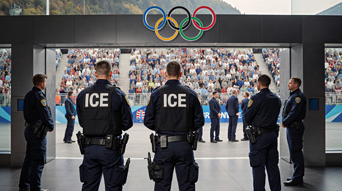 ICE agents and diplomatic security personnel stand beside delegation entrance with distinct uniforms and Olympic spectators
