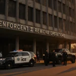 ICE officers stand outside Dallas headquarters with police car and crowd showing immigration enforcement activity