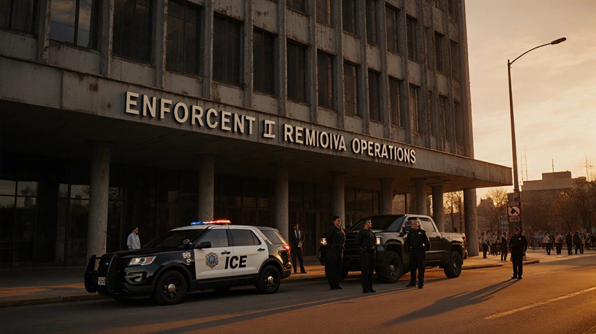 ICE officers stand outside Dallas headquarters with police car and crowd showing immigration enforcement activity