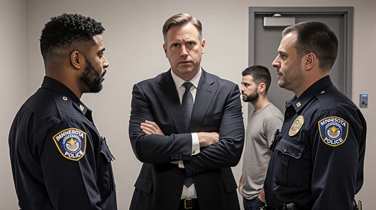 Marc Prokosch standing firmly with arms crossed arguing with two ICE agents in a sterile office while Gibson watches anxiousl