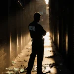 Lone figure stands defiant with back to viewer in dark alleyway with broken badges and shattered glass at feet