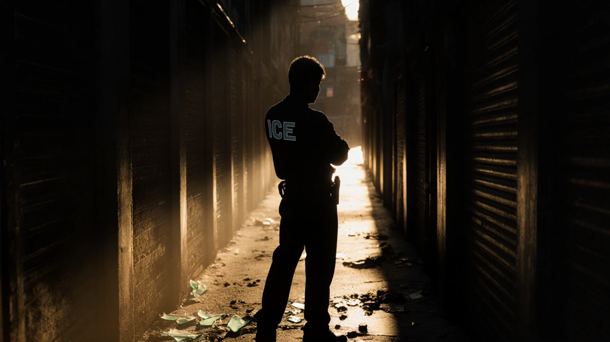 Lone figure stands defiant with back to viewer in dark alleyway with broken badges and shattered glass at feet