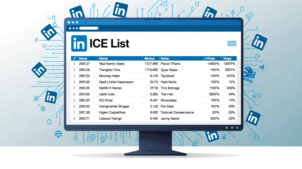 Computer screen shows ICE List with names and numbers and faint LinkedIn logos and digital data icons.