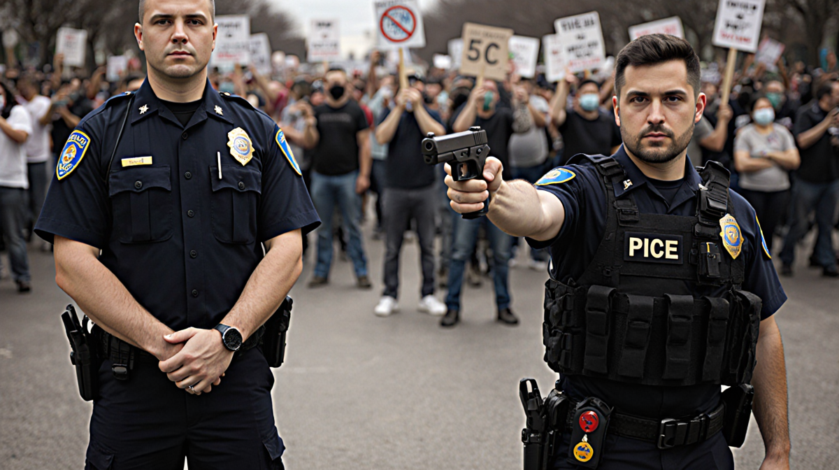 ICE officer standing calm with protester's outstretched firearm hand and blurred crowd behind