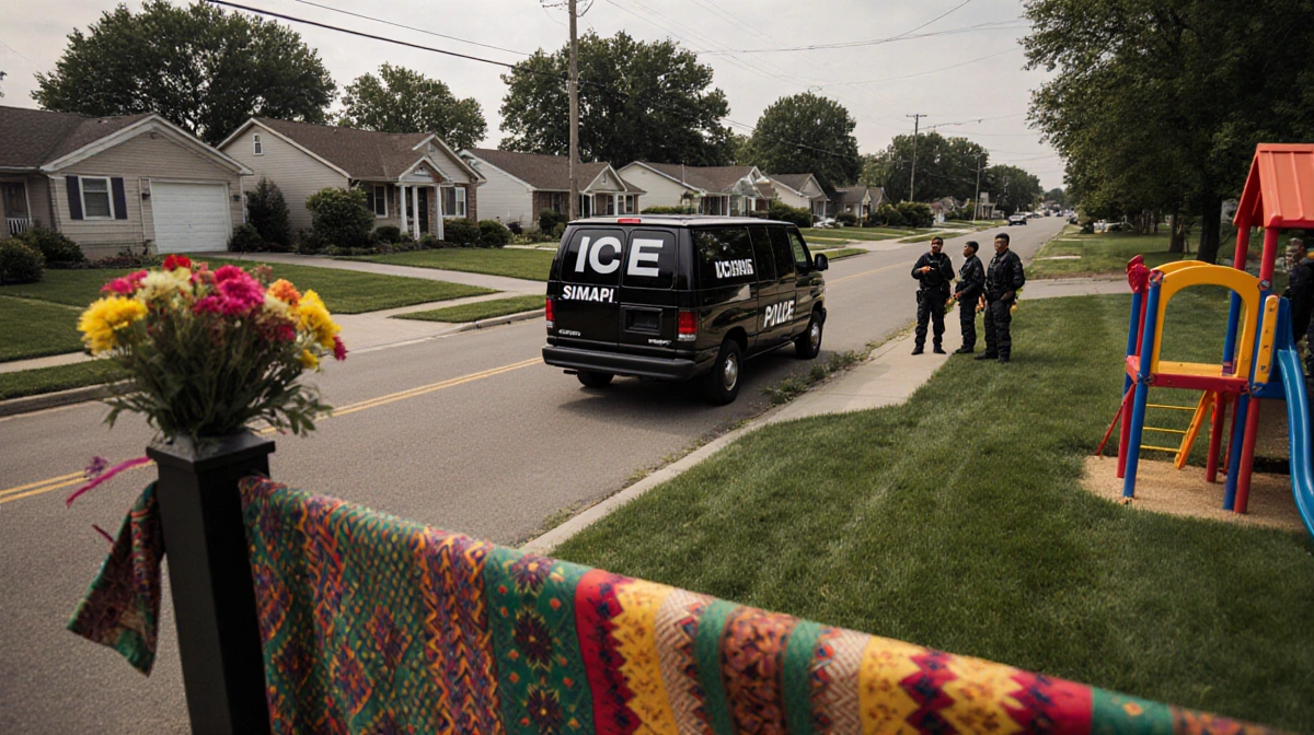 ICE agents standing beside tactical van with Somali cultural fabric and colorful toys visible in suburban Minnesota neighborh