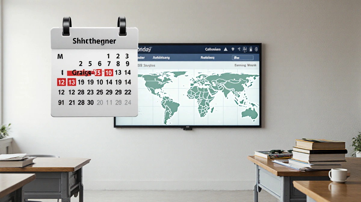 Traditional ICE classroom shows old books and maps with modern AI system on wall and calendar showing shortened training time