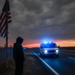 ICE van speeding along highway with blue lights illuminating asphalt and faded flag on roadside pole under gray sunset sky
