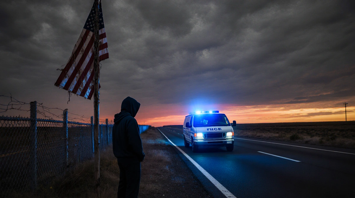 ICE van speeding along highway with blue lights illuminating asphalt and faded flag on roadside pole under gray sunset sky