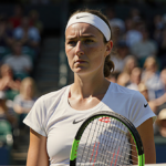 Iga Świątek standing on Australian Open court with frustrated expression and abandoned Coco Gauff racket at her feet