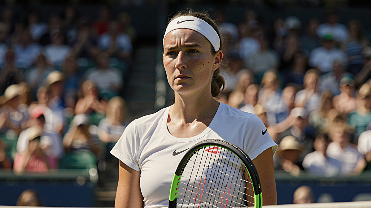 Iga Świątek standing on Australian Open court with frustrated expression and abandoned Coco Gauff racket at her feet