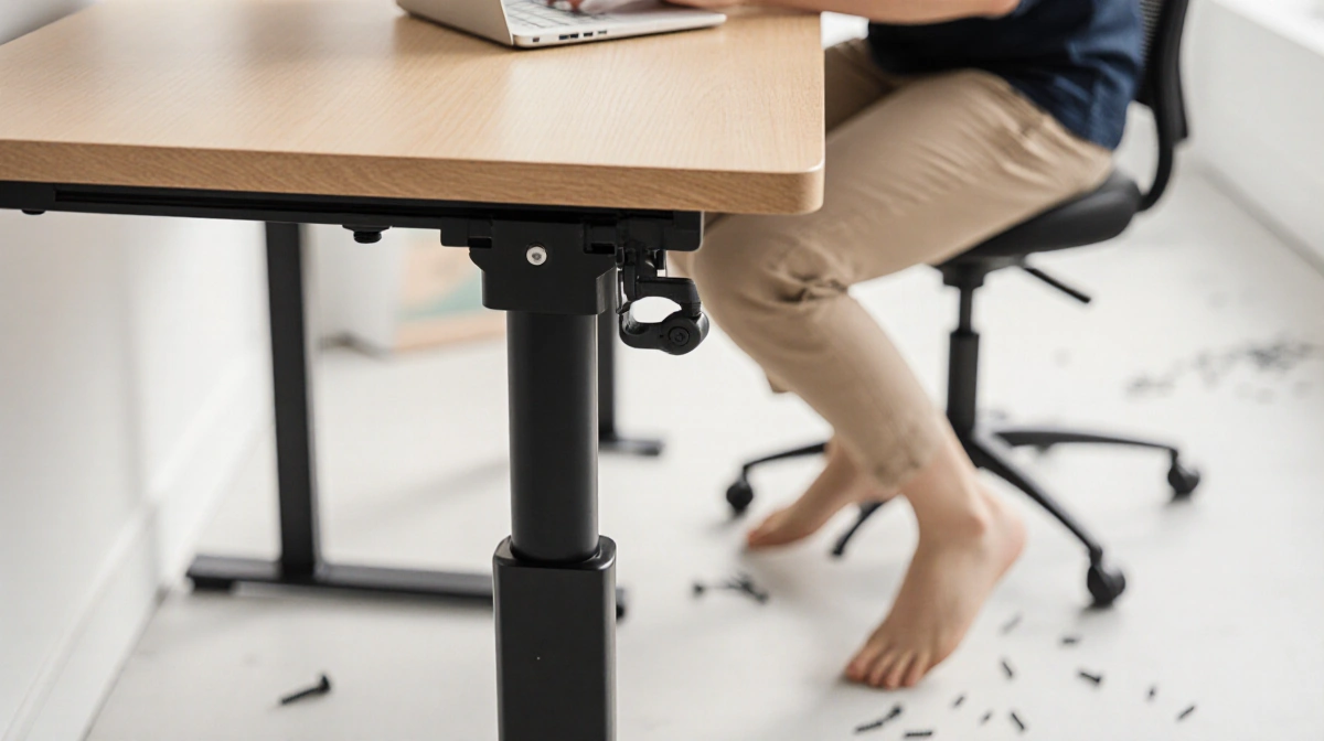 Person gently presses pedal to raise compact Ikea desk with scattered screws and blurred background