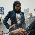 Ilhan Omar standing firm with a tackled suspect on the ground and a small puddle of liquid near protest crowd.