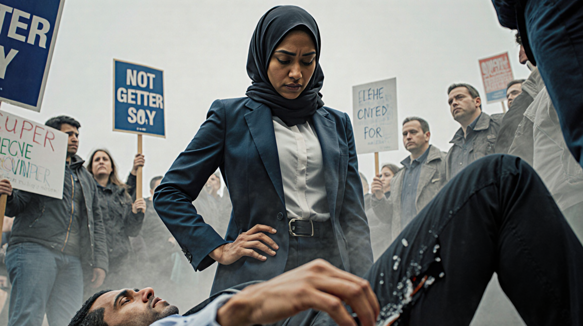 Ilhan Omar standing firm with a tackled suspect on the ground and a small puddle of liquid near protest crowd.