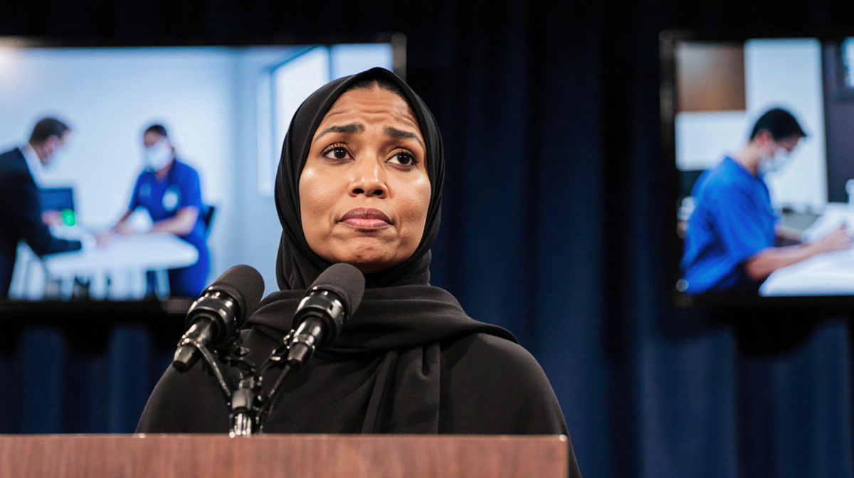 Rep. Ilhan Omar speaking at a town hall with medical equipment and health professionals in the background