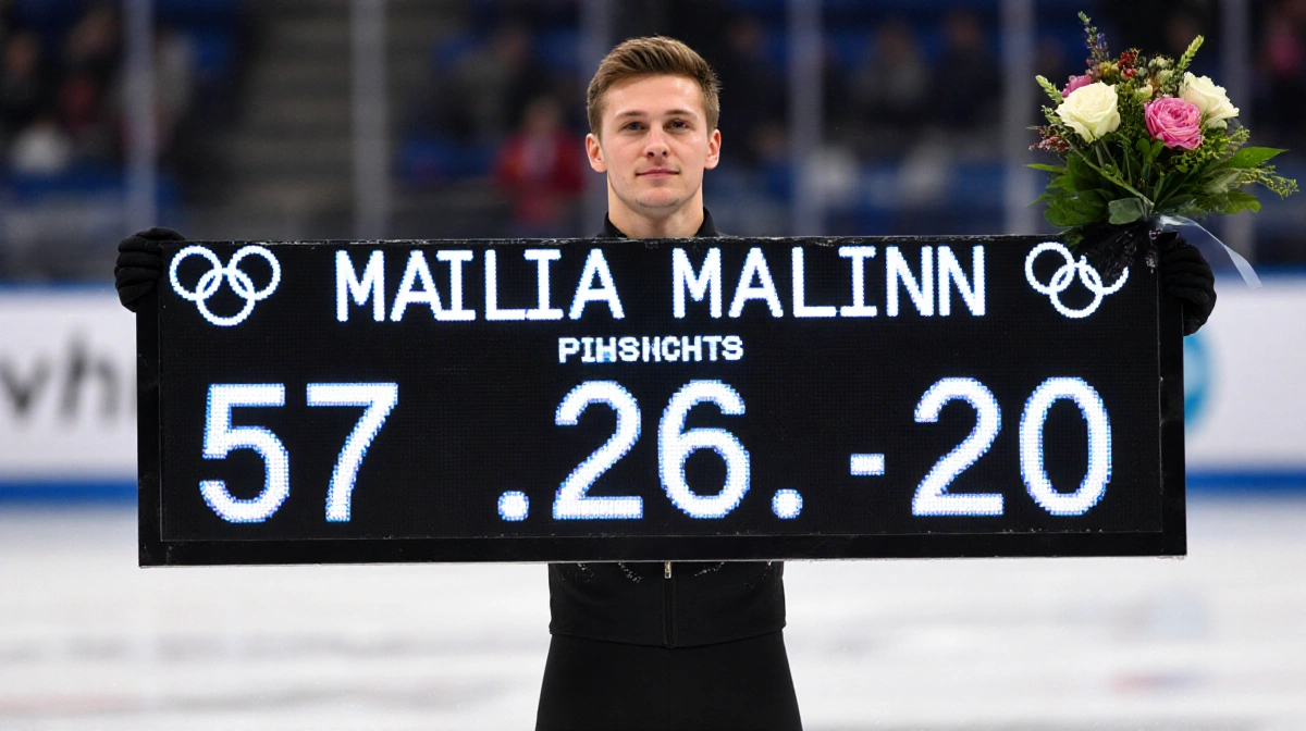 Ilia Malinin stands victorious on podium with scoreboard showing 57.26 points and blurred ice rink behind