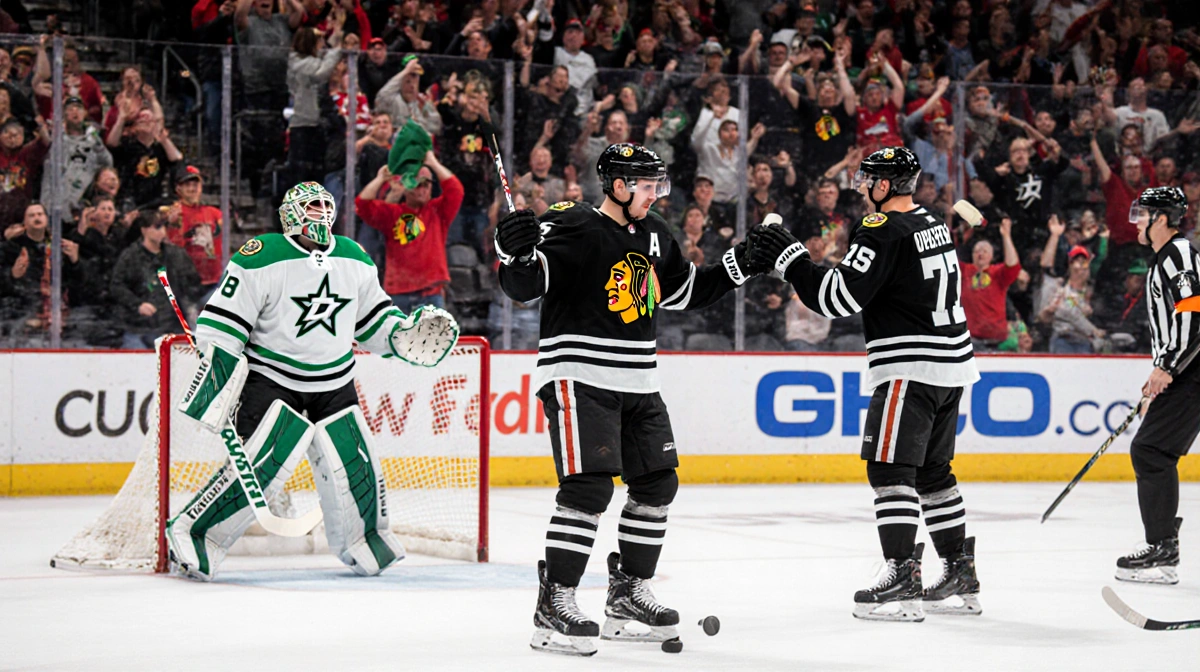 Ilya Mikheyev celebrating second goal with puck and high-fives from teammates near dejected Dallas goalie in cheering crowd
