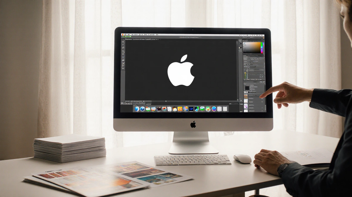 Hand opens creative app suite on iMac with Apple logo glowing and design boards nearby