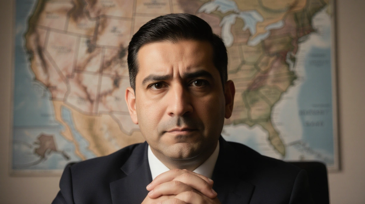 Immigration attorney Haim Vasquez sits with thoughtful expression and clasped hands with US map softly visible behind
