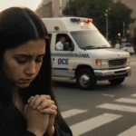 Young woman stands at crossroads with ICE van reflected behind her showing immigration struggle