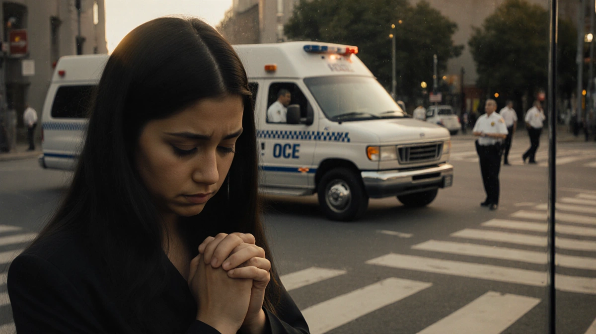 Young woman stands at crossroads with ICE van reflected behind her showing immigration struggle