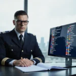 Immigration officer reviewing documents at desk with laptop showing country list and cityscape behind