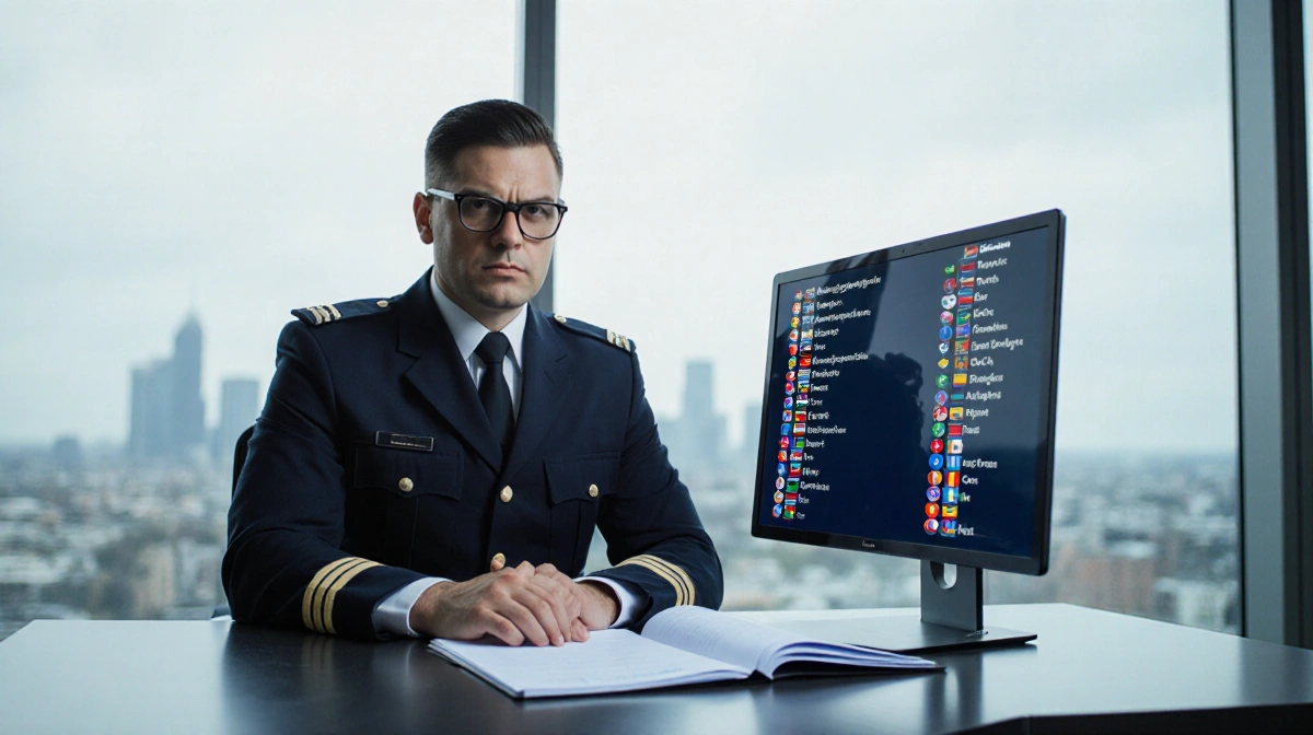 Immigration officer reviewing documents at desk with laptop showing country list and cityscape behind