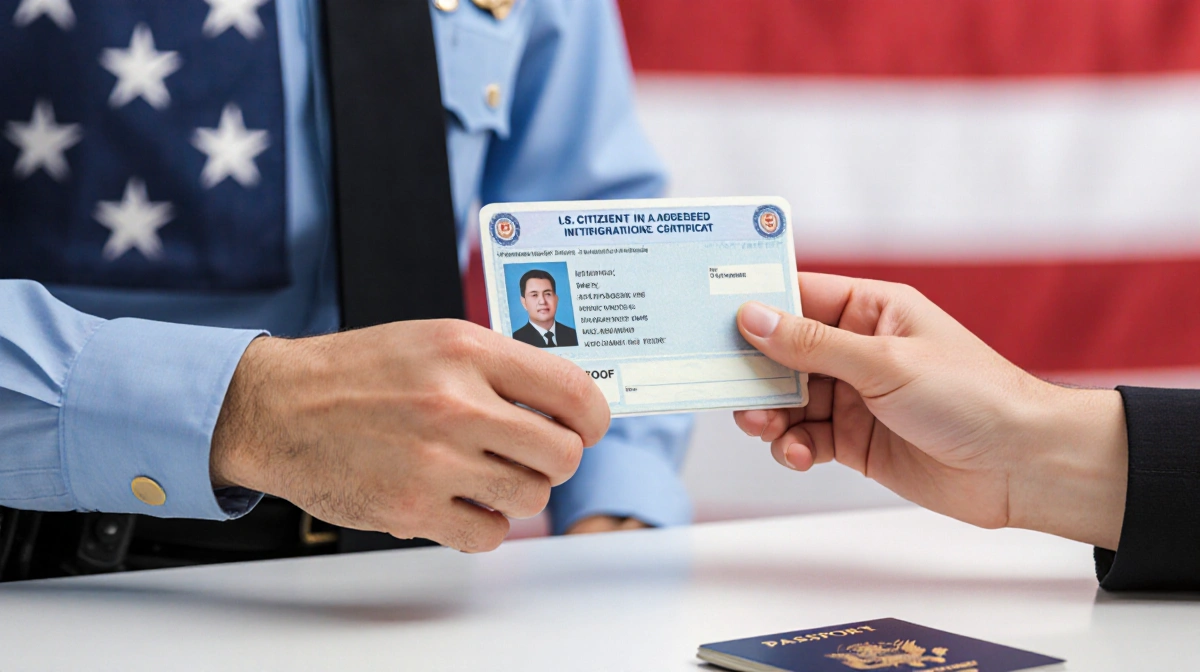Immigration officer reviewing passport and citizenship certificate with American flag in background