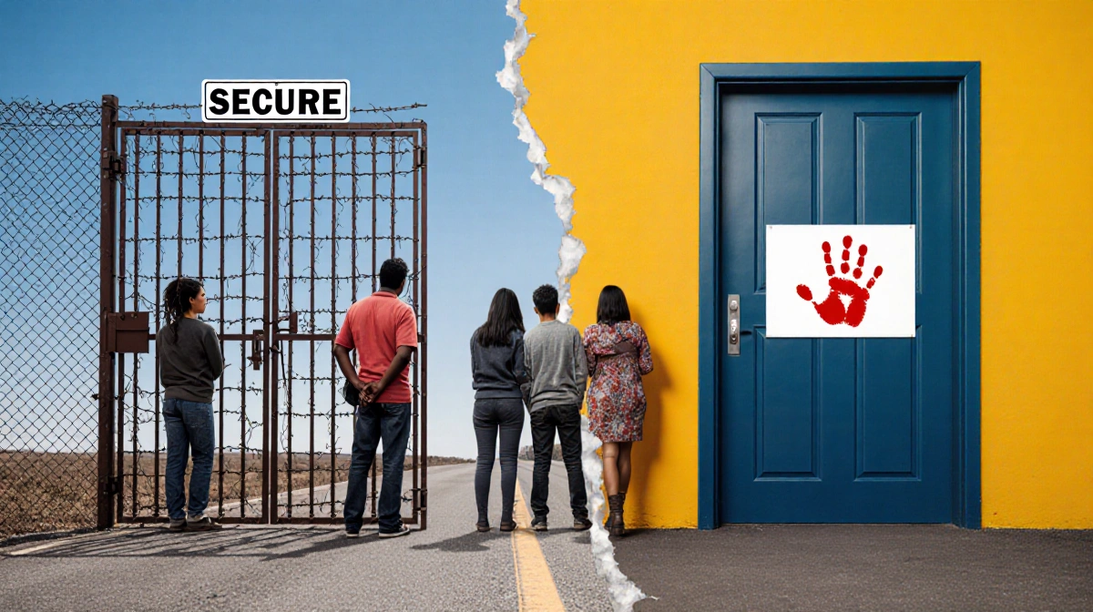 Two groups of people stand apart with opposing immigration signs showing secure door with barbed wire and welcome door with c
