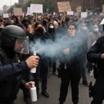 Immigration agents in riot gear confront distressed protesters with pepper spray and protest signs visible