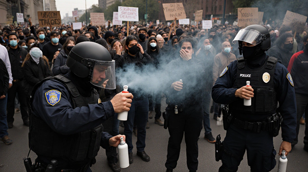 Immigration agents in riot gear confront distressed protesters with pepper spray and protest signs visible