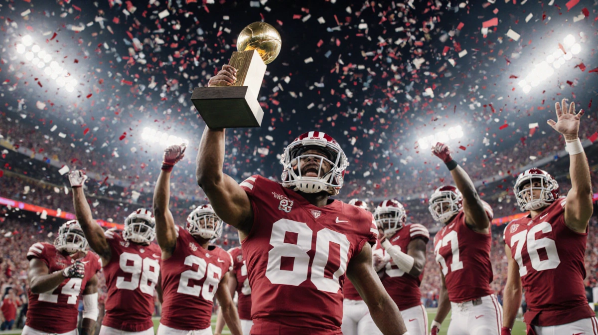 Indiana University football player hoists championship trophy with confetti raining down and Miami players behind