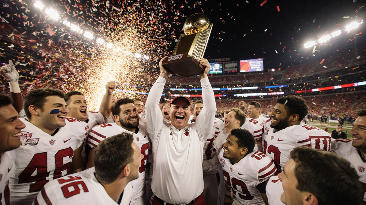 Indiana Hoosiers hoisting trophy with confetti and coach Curt Cignetti celebrating college football championship