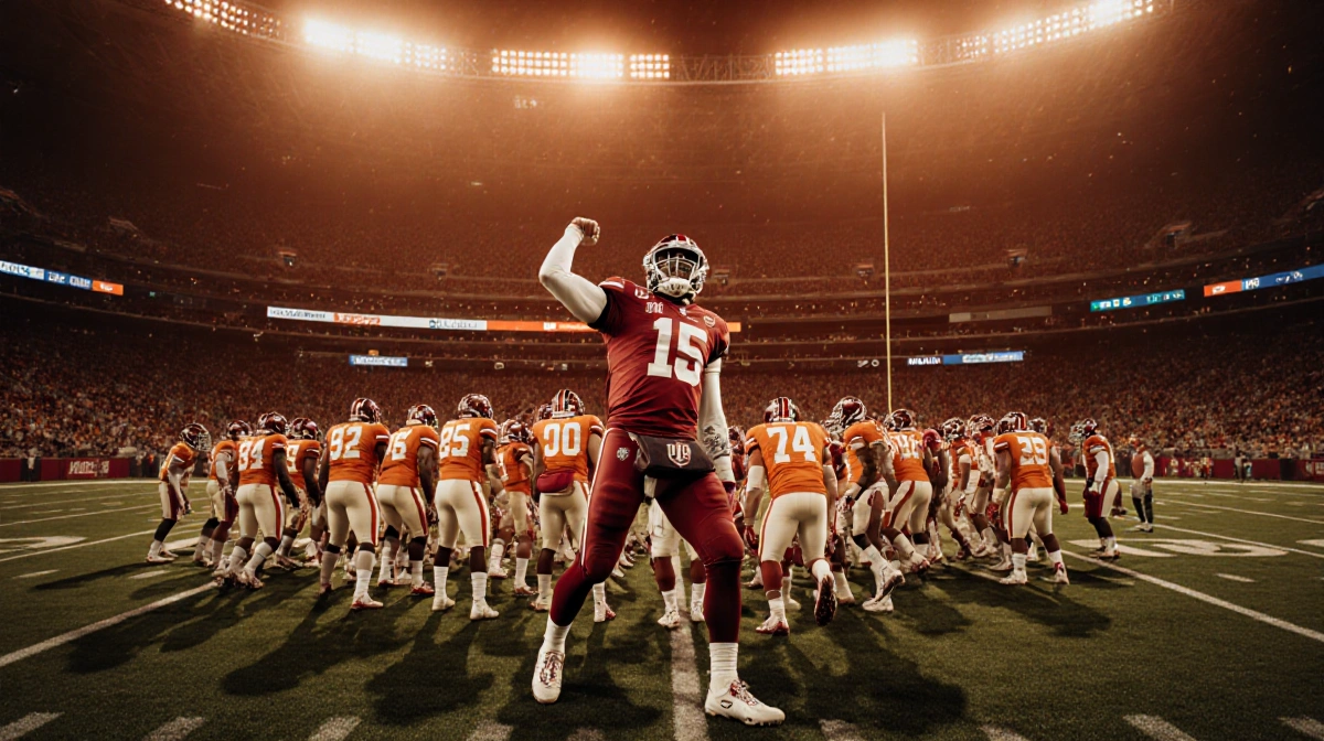 Indiana quarterback throws victory pass with teammates celebrating and empty Miami bench showing 0-10 defeat