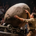 Disney employee in Indiana Jones attire shielding rubber boulder with arms outstretched and blurred crowd in background.