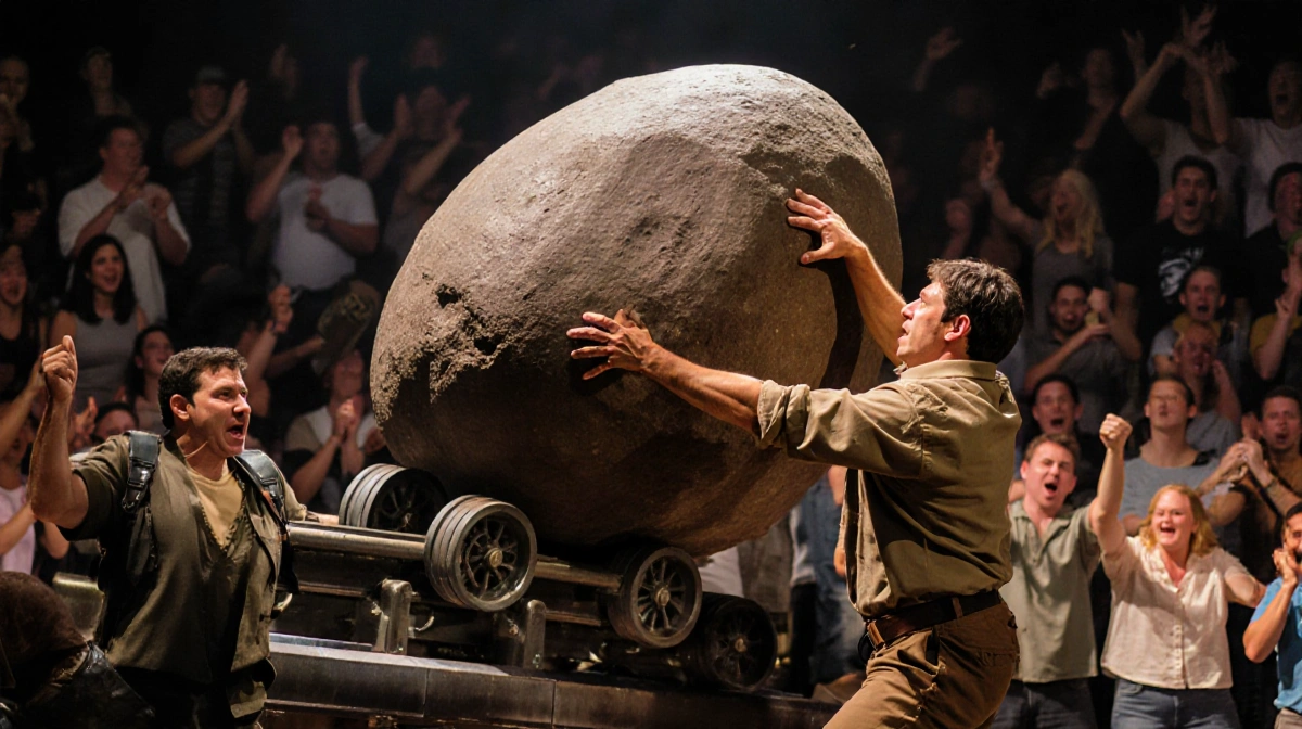 Disney employee in Indiana Jones attire shielding rubber boulder with arms outstretched and blurred crowd in background.