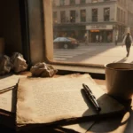 Faded manuscript lies abandoned on dusty shelf with broken typewriter and crumpled notes bathed in golden window light