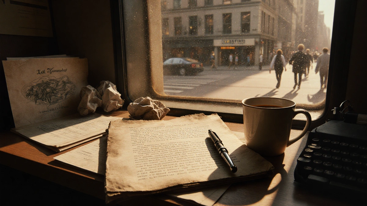 Faded manuscript lies abandoned on dusty shelf with broken typewriter and crumpled notes bathed in golden window light