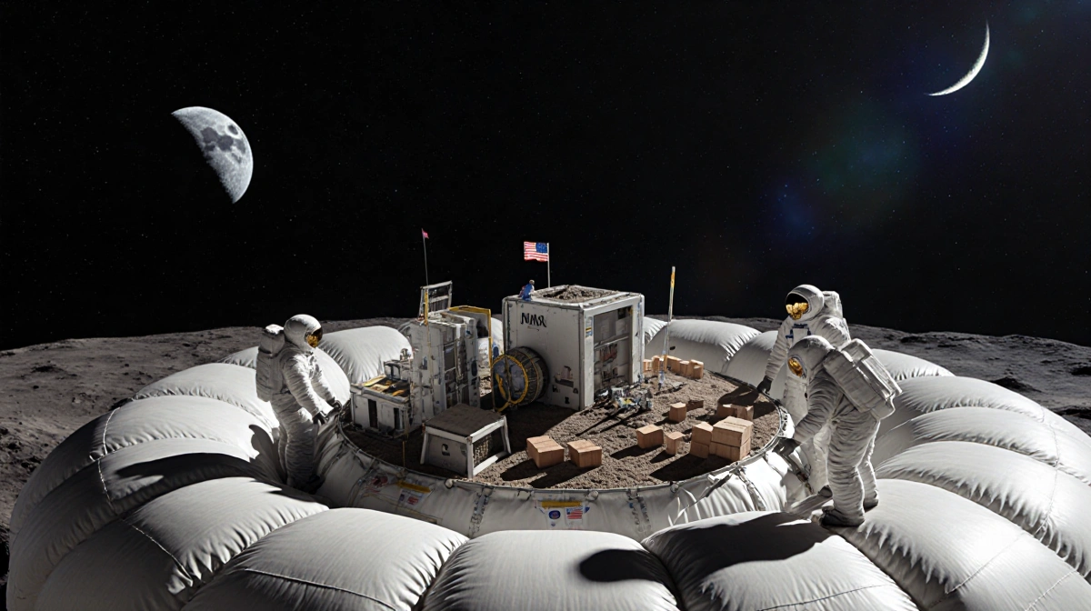 Astronauts inspecting inflatable lunar habitat module with NASA spacecraft and crescent Moon in background
