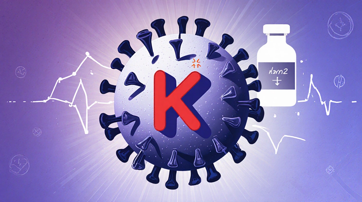 Virus highlights mutation with red asterisk on surface and H3N2 pattern around it while faint vaccine vial lingers behind.