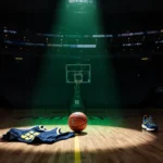 Basketball sits on empty Denver Nuggets court with faint green glow and flickering lights casting long shadows