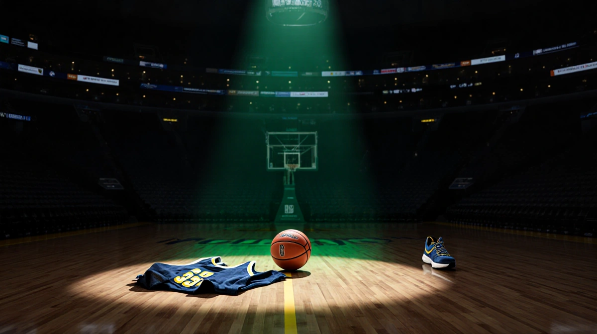 Basketball sits on empty Denver Nuggets court with faint green glow and flickering lights casting long shadows