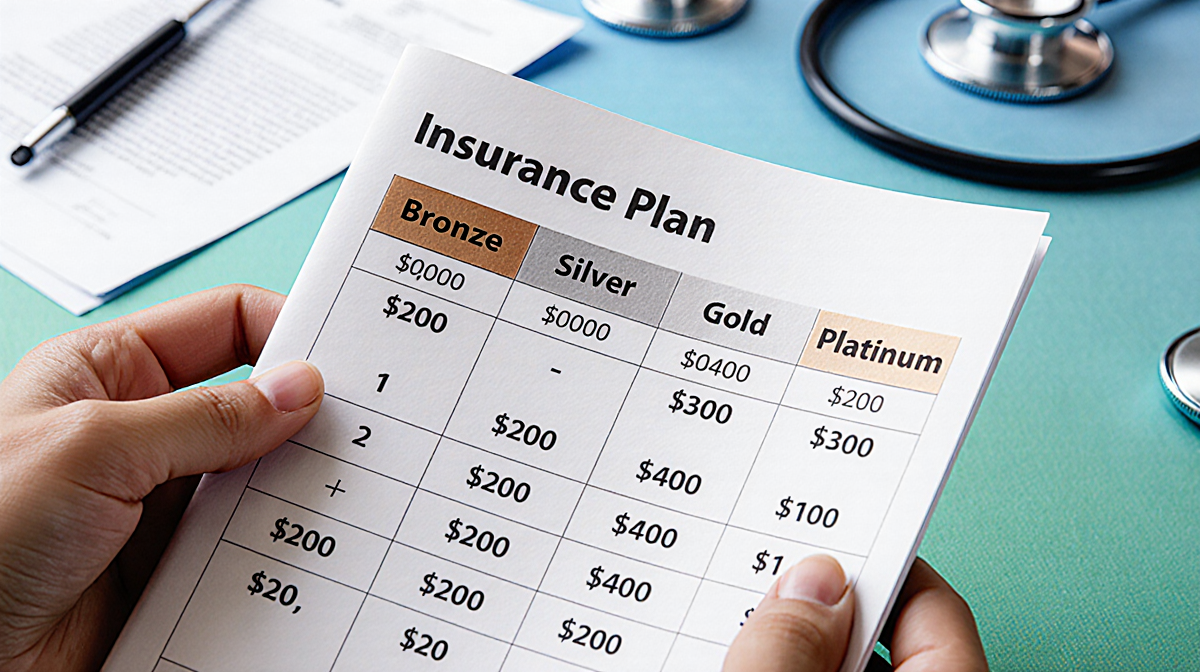 Person holding an insurance plan booklet with a table showing Bronze Silver Gold Platinum health premium tiers and price stic