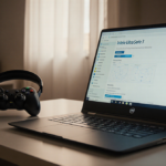 Laptop glows with gaming headset and controller under warm lighting showing high performance