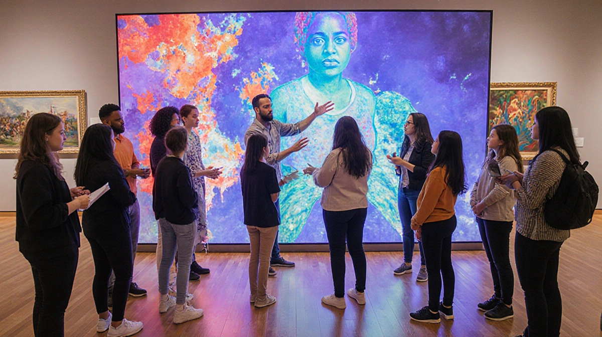 Artists leading workshop with museum visitors and students participating near vibrant installation